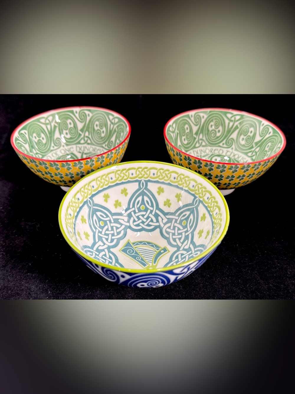 (3) NEW Clara Crafts Celtic Bowls Set Shamrock Cross Harp Green Irish Ireland